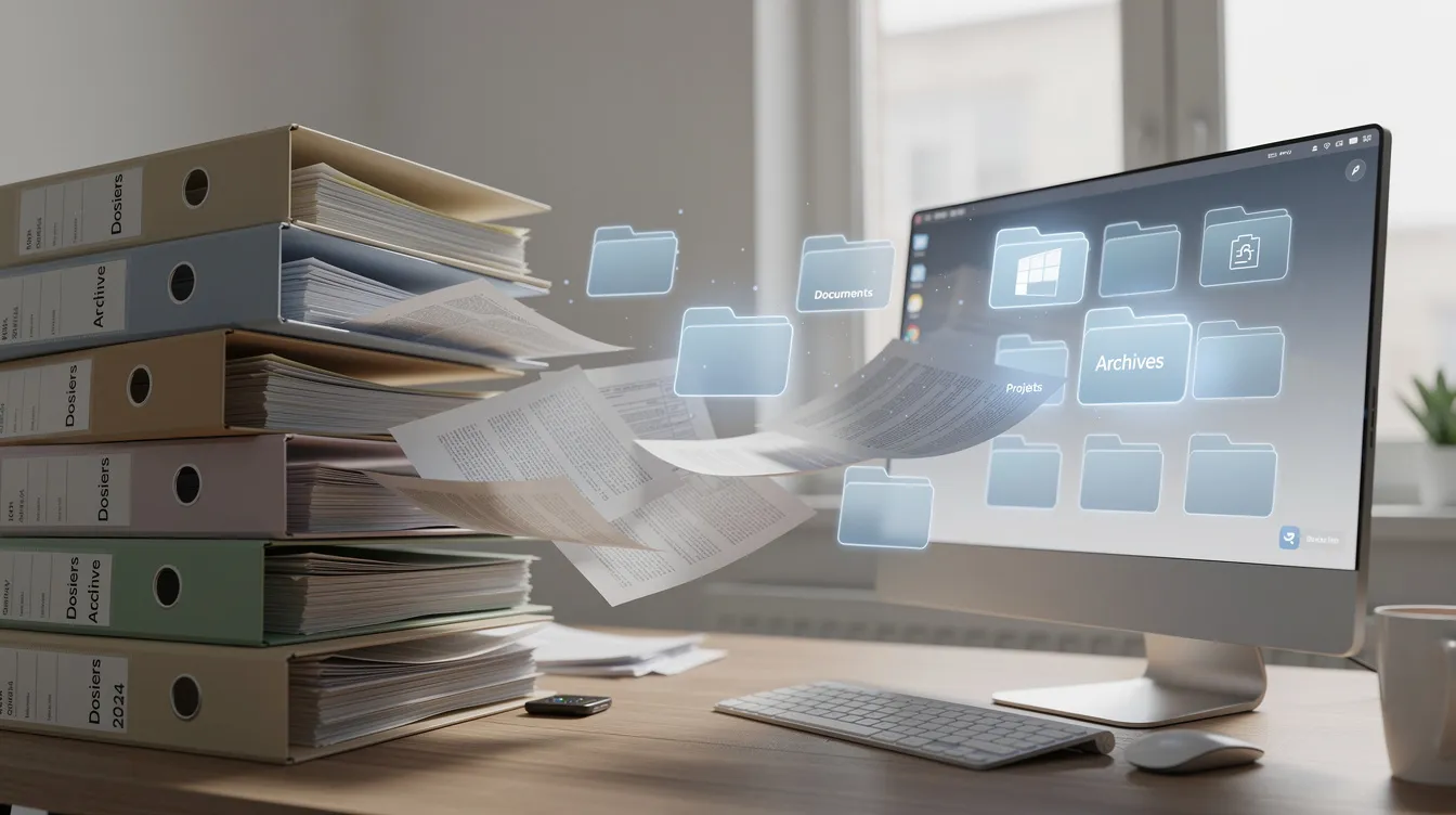 Paper folders turning into digital icons on a computer screen.