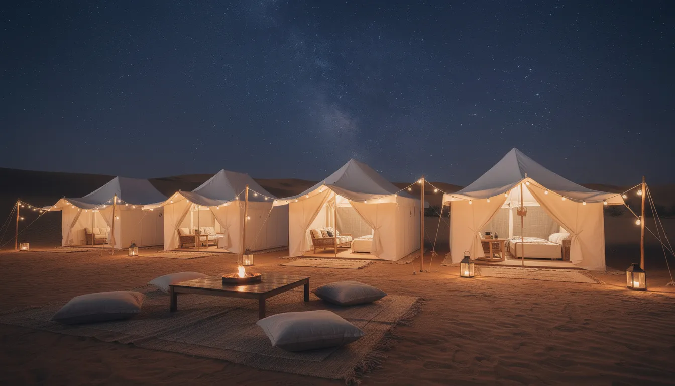 The image depicts luxurious white desert tents illuminated by string lights under a starry night sky, set in the serene landscape of the Sahara Desert. This enchanting scene reflects the rich culture and beauty of Morocco, perfect for those seeking a unique experience on their desert tours.