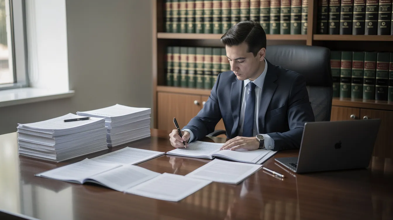 A professional attorney is seated at a desk in an office, carefully reviewing stacks of legal documents, which may include briefs and motions related to civil or criminal cases. This scene highlights the meticulous work involved in appellate advocacy, as the attorney prepares for potential appeals in state and federal courts.