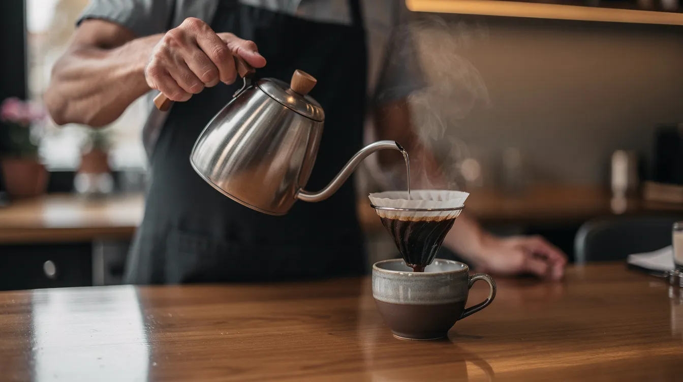バリスタがカウンターでコーヒーを丁寧にドリップしている様子