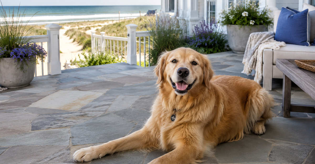 Golden retriever relaxing on the porch of a pet friendly beach rental in New Jersey with ocean and dunes in the background.