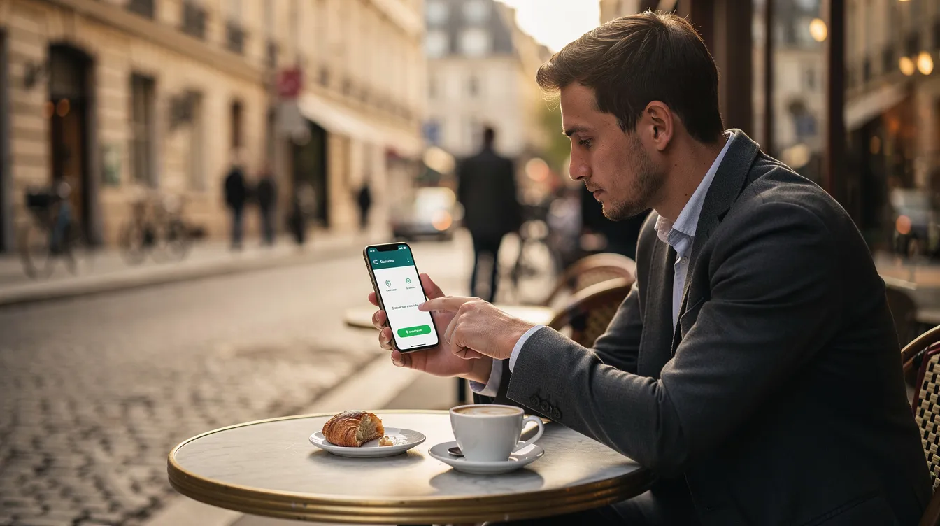 A person is seated at a quaint European café, focused on their smartphone as they send money transfers using a mobile money app. The subtle city background hints at a bustling urban environment, emphasizing the convenience of mobile wallets for transferring funds securely and quickly, even to Senegal.