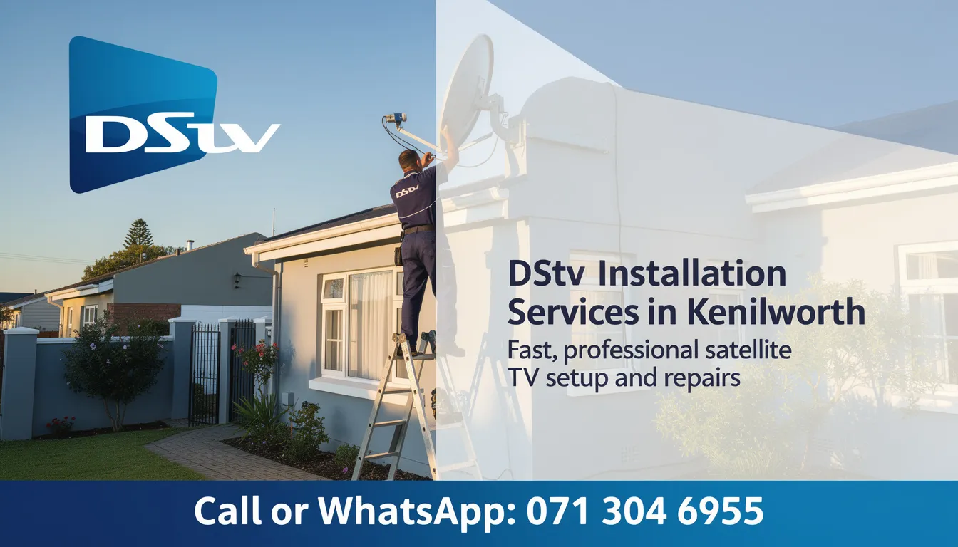 The image showcases a professional DStv installer in Kenilworth, equipped with tools, setting up a satellite dish for optimal signal reception. This highlights the DStv installation services available, ensuring seamless viewing and customer satisfaction.