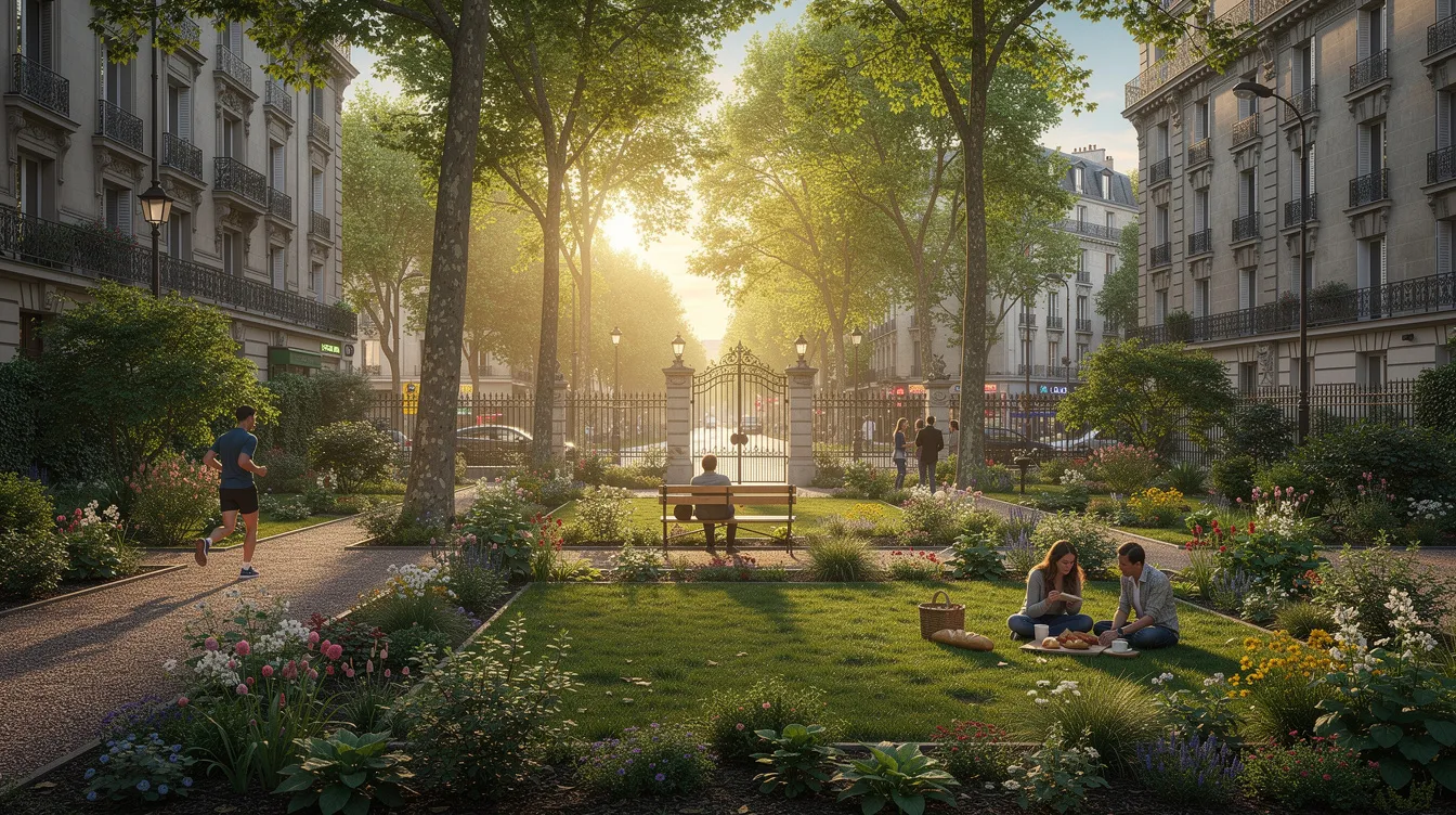 The image captures a serene Parisian green space, showcasing a blend of beautifully manicured flower beds and casual picnic areas where locals gather to enjoy nature. With iconic landmarks like the Eiffel Tower in the background, this peaceful haven invites visitors to take a pleasant stroll and experience the city's hidden gems amidst its bustling atmosphere.