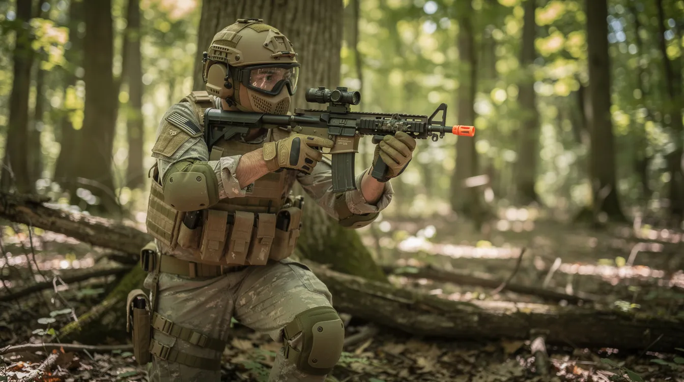 A person in tactical gear and proper eye protection is aiming an airsoft rifle in a wooded outdoor area, demonstrating safe handling practices essential for an enjoyable airsoft experience. The scene emphasizes the importance of gun safety and maintaining muzzle discipline while playing airsoft.