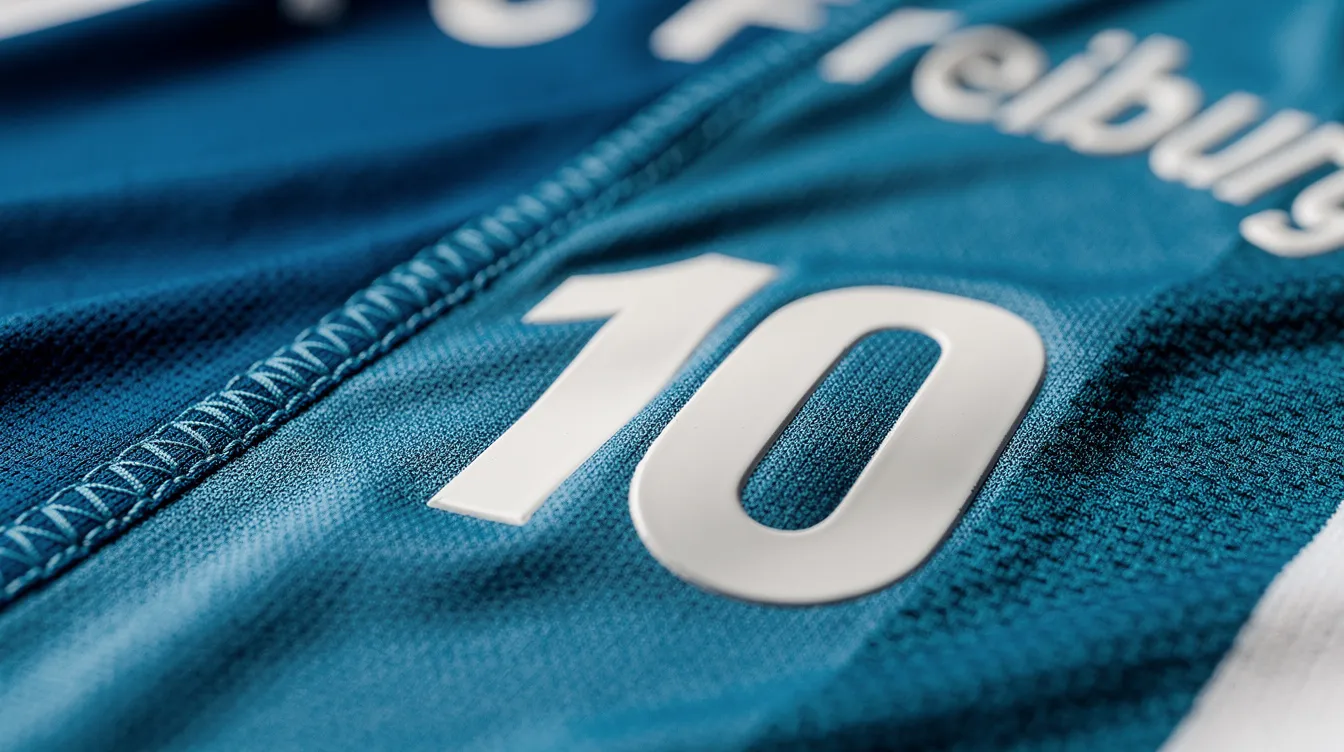 Die Nahaufnahme zeigt ein Fußballtrikot aus hochwertigem Polyester mit detailliertem Druck, einschließlich Vereinslogo, Spielernamen und Rückennummern. Die sorgfältigen Nähte und das ansprechende Design betonen die Qualität und den Teamgeist des Vereins.