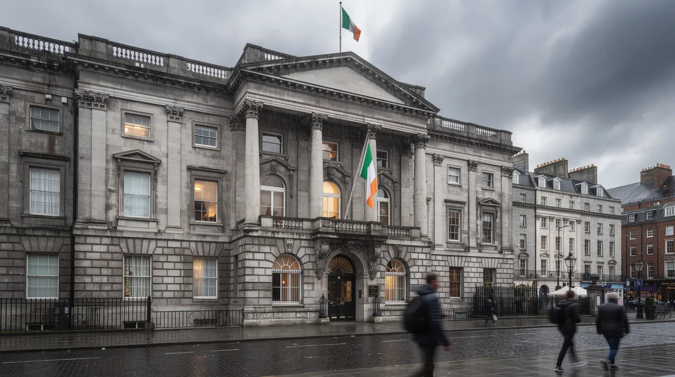 The image depicts a historic government building in Dublin city centre, set against a backdrop of a cloudy sky. This iconic structure is a significant landmark, reflecting Ireland's rich architectural heritage and serving as a reminder of the country's immigration processes, including entry visas and re-entry visa applications.