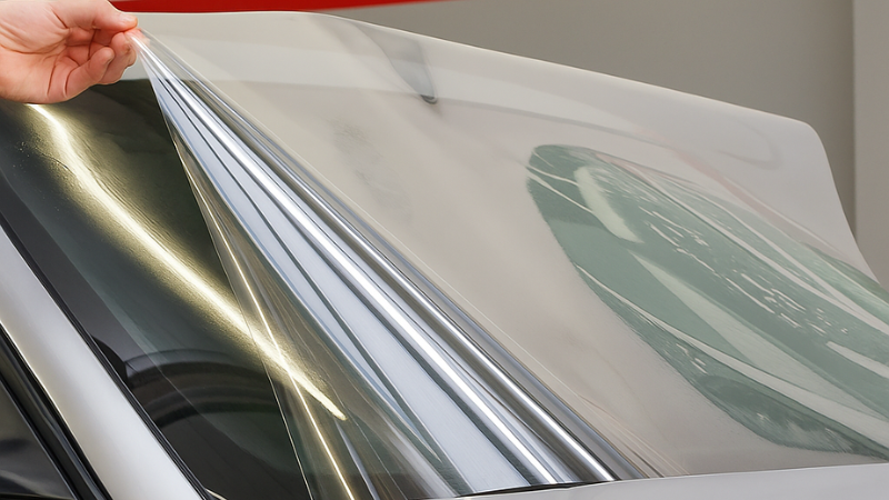 A car with windshield film has a protective barrier which protects it from harmful uv rays and road debris