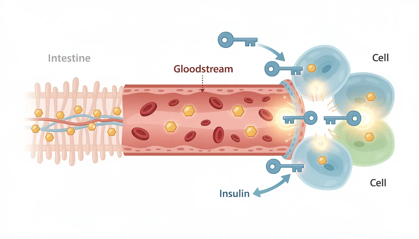 The illustration depicts glucose molecules transitioning from the digestive system into the bloodstream, with cells opening in response to insulin, emphasizing the process of blood sugar regulation. This visual representation highlights the importance of managing blood glucose levels to optimize metabolic health and control blood sugar effectively.
