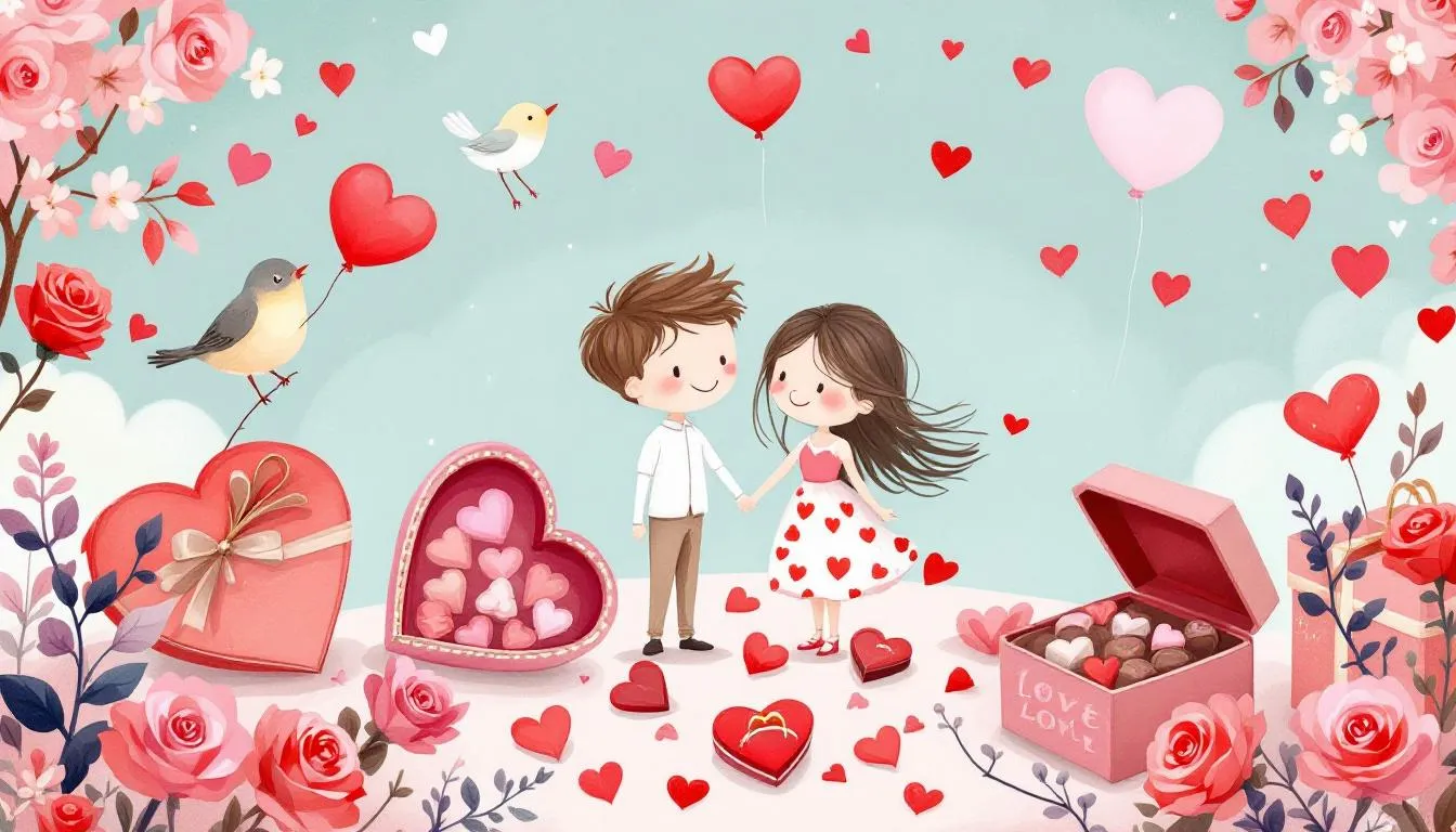 A selection of classic Valentine's gifts including heart-shaped chocolates and red roses, representing thoughtful gestures.