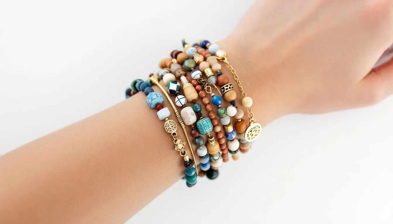 The image showcases a collection of layered beaded bracelets featuring a variety of colors and semi-precious stones like turquoise and topaz, highlighting their unique style and charm. These vibrant pieces of jewellery are displayed in a jewellery box, emphasizing their appeal for anyone looking to add a touch of elegance to their look.
