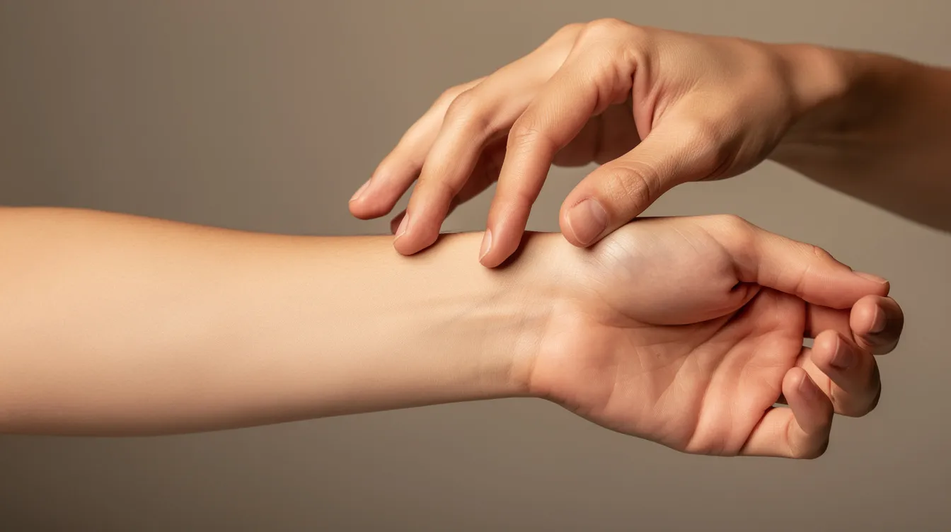 The Importance of Safe Words in BDSM 3 - Consent Culture The image shows two hands gently tapping three times on a forearm, illuminated by soft lighting, symbolizing a safe gesture used in BDSM play. This moment emphasizes the importance of using safe words and hand signals to communicate comfort and boundaries between partners, fostering trust and safety in the BDSM community.