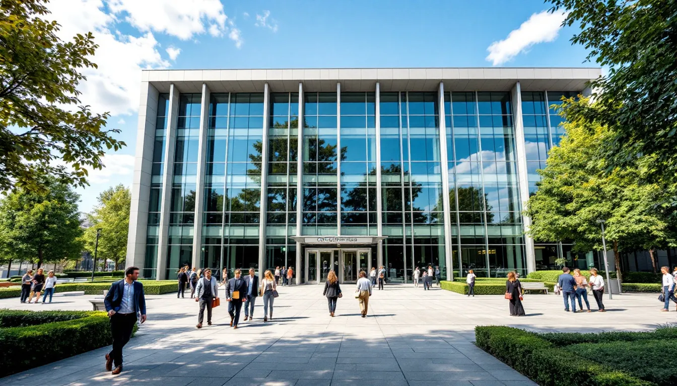 Een modern gerechtsgebouw met een strakke architectuur staat centraal in de afbeelding, terwijl mensen in verschillende richtingen buiten het gebouw lopen. Dit symboliseert de rol van het openbaar ministerie in de aanpak van criminele activiteiten, waaronder witwassen en andere strafbare feiten.