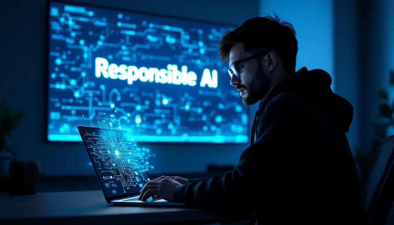 The image depicts a futuristic landscape where various artificial intelligence agents are seamlessly integrated into everyday life, emphasizing the critical importance of responsible AI development and data privacy. As these autonomous AI companions assist users in routine tasks across various industries, the scene illustrates the evolving relationship between humans and technology in the age of the AI revolution.