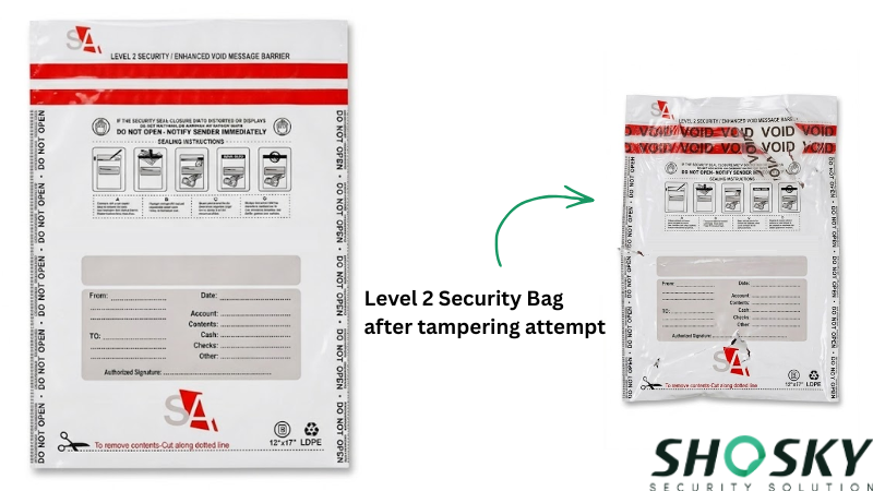 Level 2 security bag showing tampering attempt