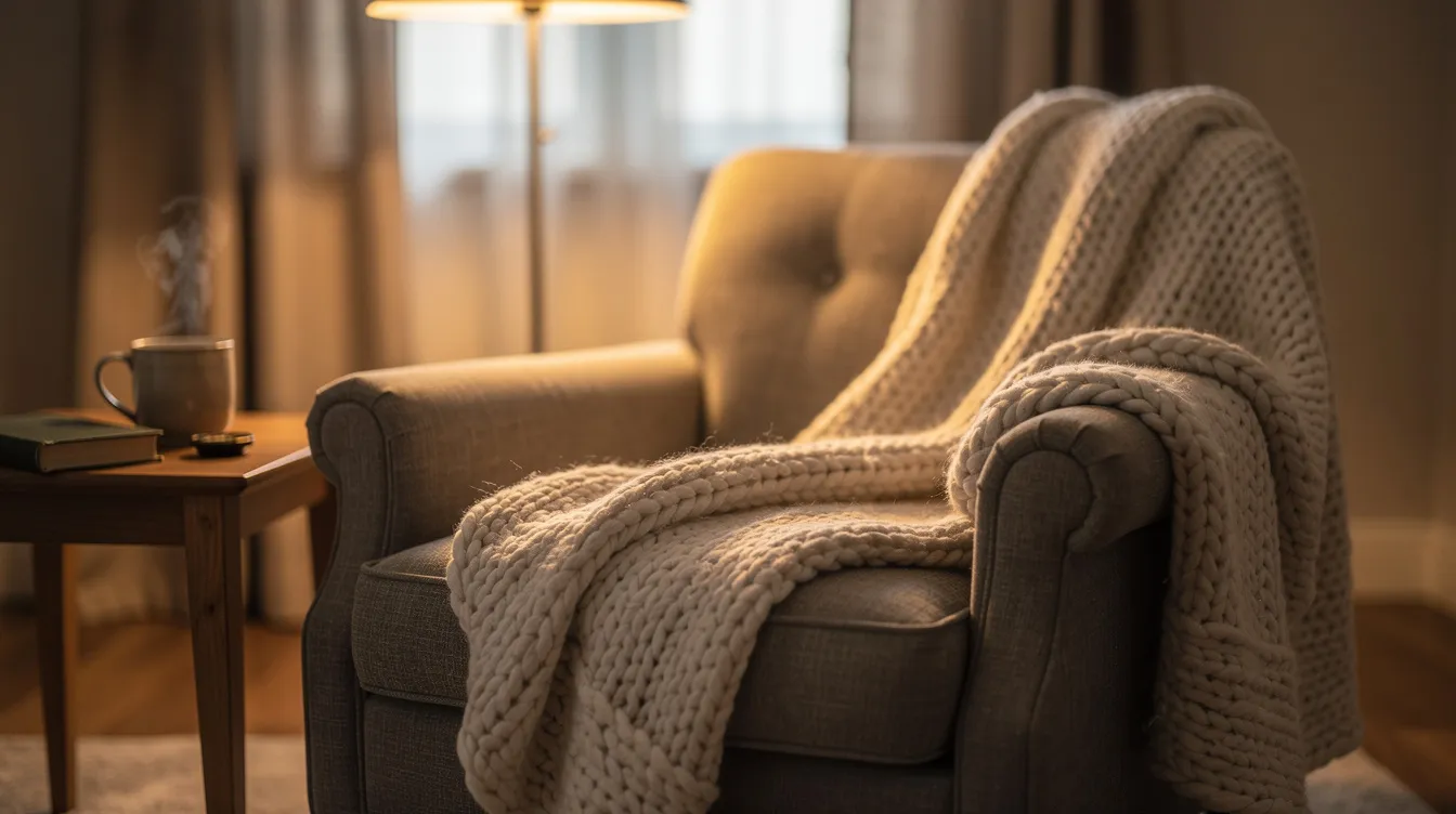 A cozy living room armchair is adorned with a soft blanket draped over it, creating a warm and inviting atmosphere perfect for relaxing and reflecting on special moments with family. This serene setting could inspire personalized gifts for moms, capturing favorite memories and heartfelt messages that celebrate love and appreciation.