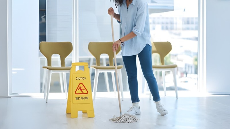 Mopping with cotton string mops in hallways