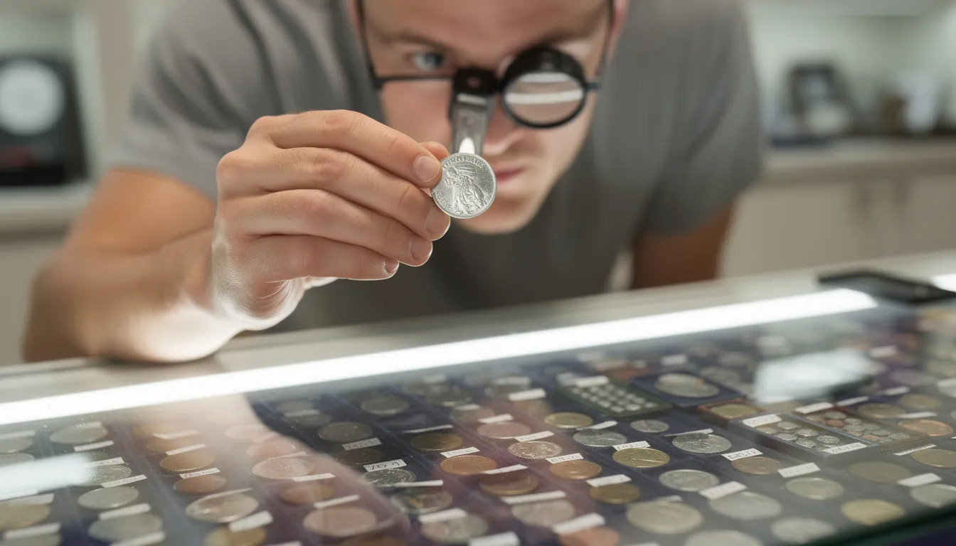 A person is closely examining a silver coin using a jeweler's loupe at a retail counter, highlighting the details of the coin's design and quality. This scene emphasizes the interest in silver bullion and the importance of verifying the quality of precious metals for potential investment.