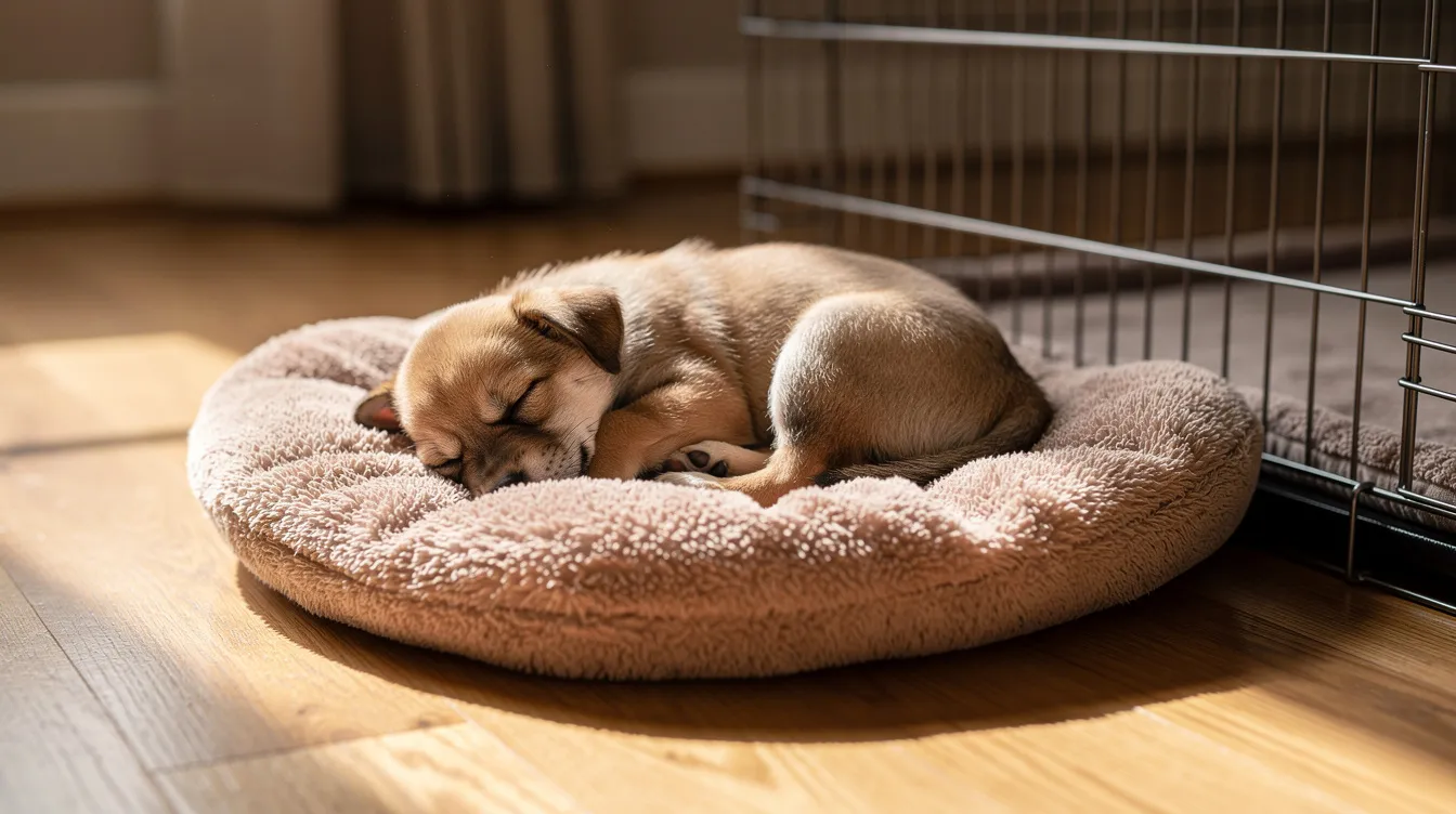 A small puppy is peacefully sleeping on a soft, comfy dog bed with a removable cover, positioned beside a crate. The washable bed is designed for easy cleaning, ensuring a clean and cozy resting spot for your canine companion.