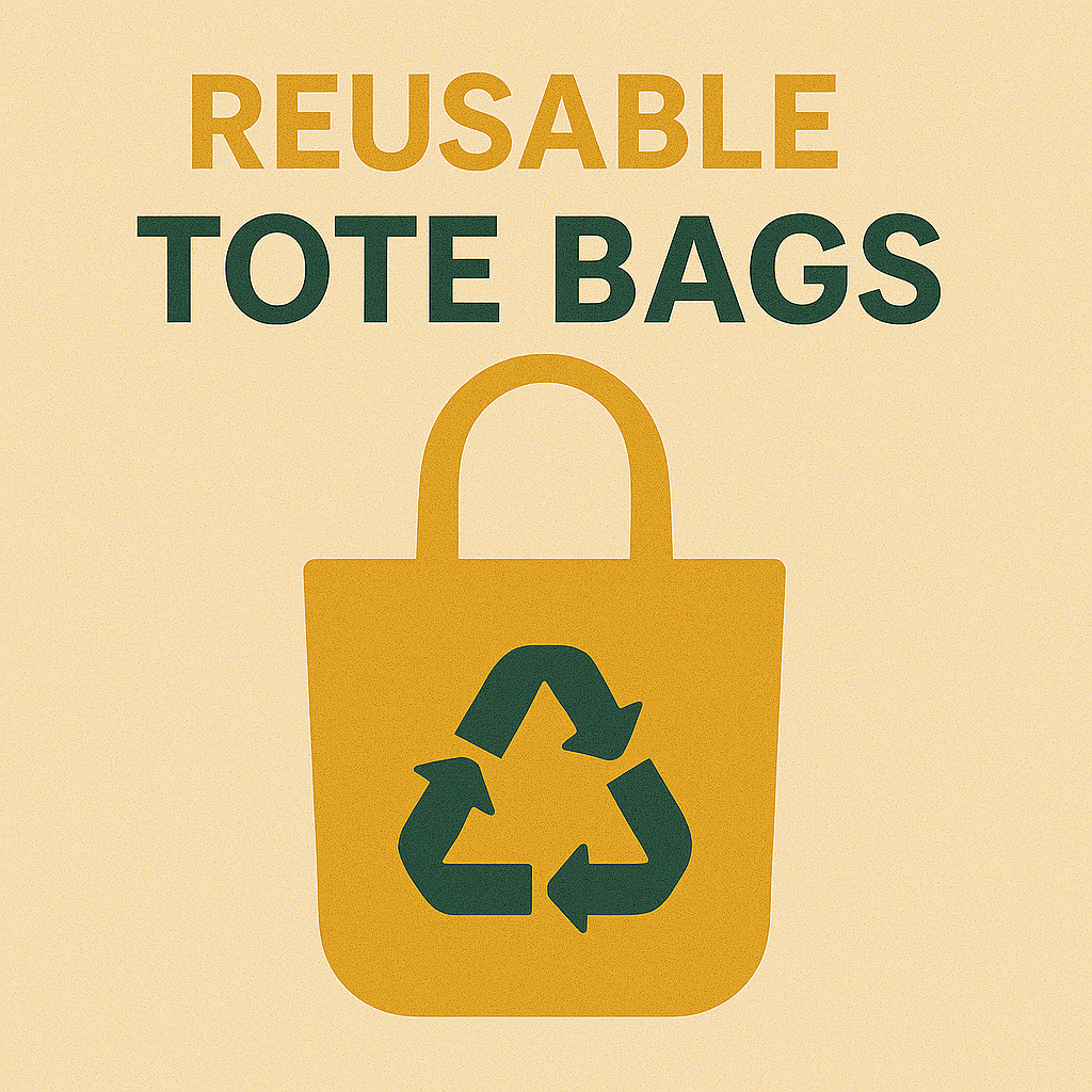 Illustration of a tote bag with a recycling symbol. Text promotes reusable totes as versatile, lightweight, and brand-friendly alternatives to plastic.  