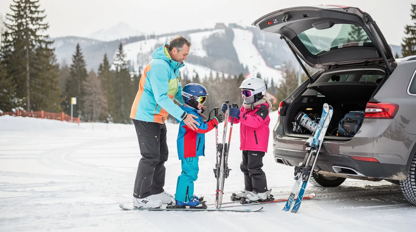 Eine Familie mit Kindern steht vor einem Auto und tauscht ihre Skiausrüstung aus, während sie sich auf einen Tag voller Skifahren auf der Piste vorbereitet. Die Kinder tragen bunte Skikleidung und halten ihre Skier in der Hand, während die Eltern Tipps zur Skitechnik und zum Kurvenfahren geben.