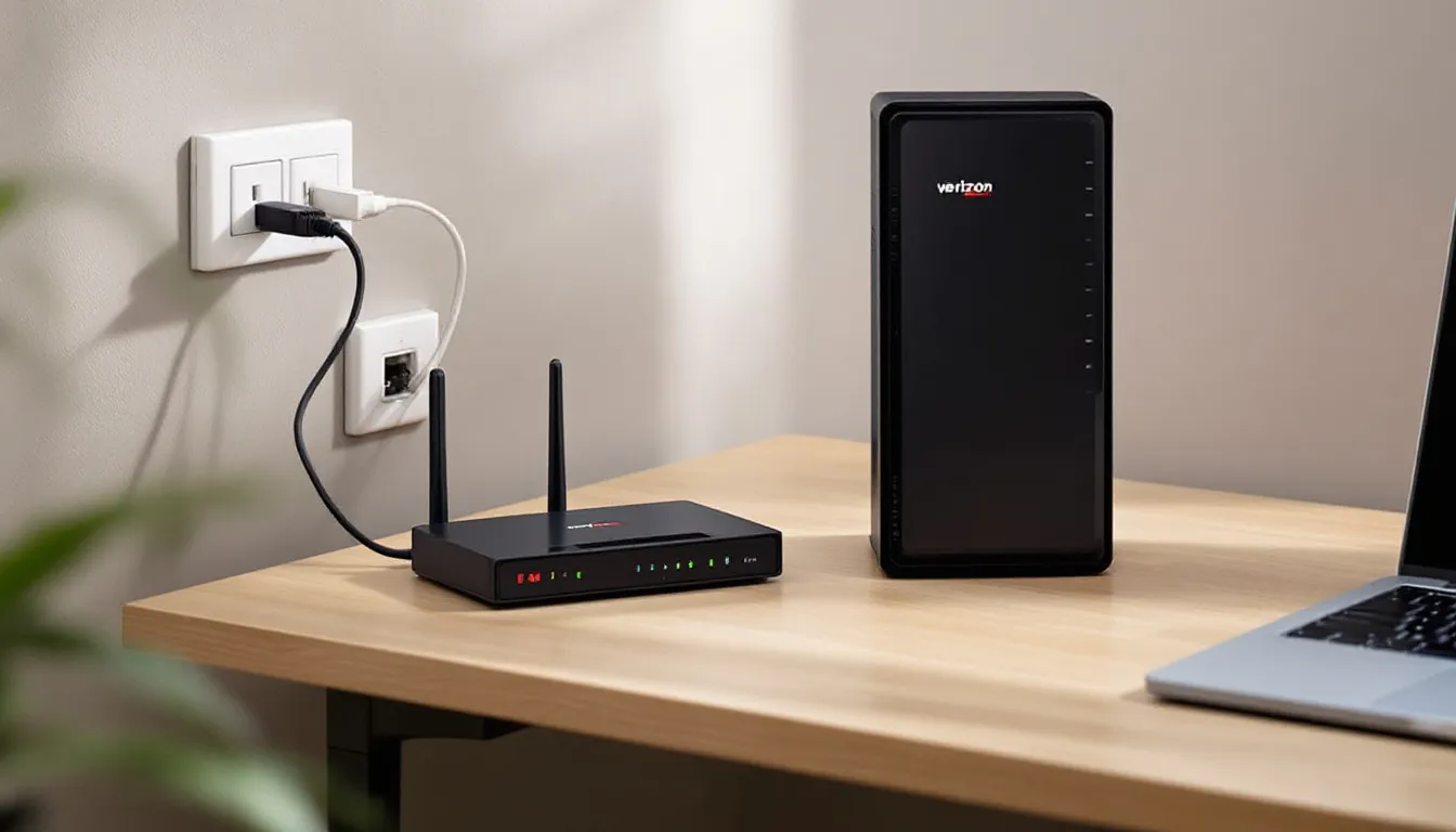The image shows a Verizon Fios router and modem placed on a desk, representing essential equipment for home internet service. This setup is crucial for customers looking to manage their Verizon account and access high-speed internet for streaming services.