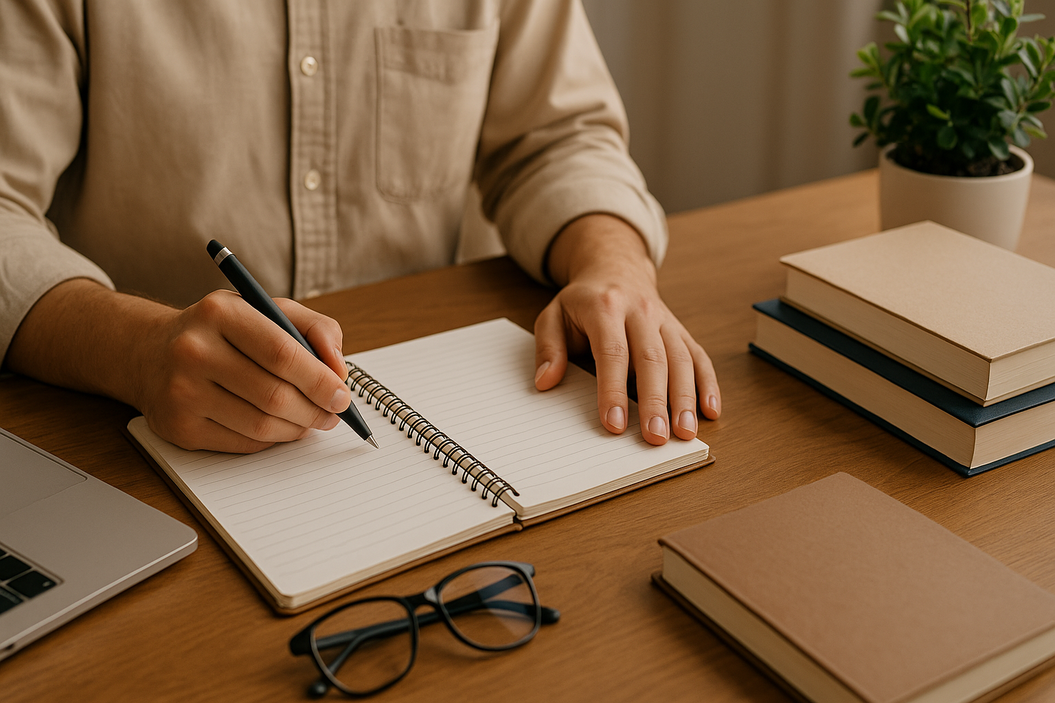 En person forbereder seg til arbeid med notatbok, laptop, bøker og plante på skrivebord i varmt lys.