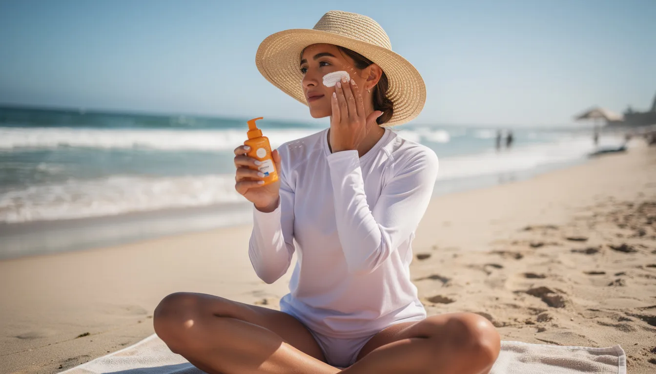 A person with a darker skin tone is applying sunscreen to their skin while wearing a wide-brimmed hat and UV-protective clothing at the beach, demonstrating the importance of sun protection to prevent skin damage and pigmentation disorders. The scene emphasizes the need for sun safety to reduce the risk of skin cancer and other skin conditions associated with sun exposure.