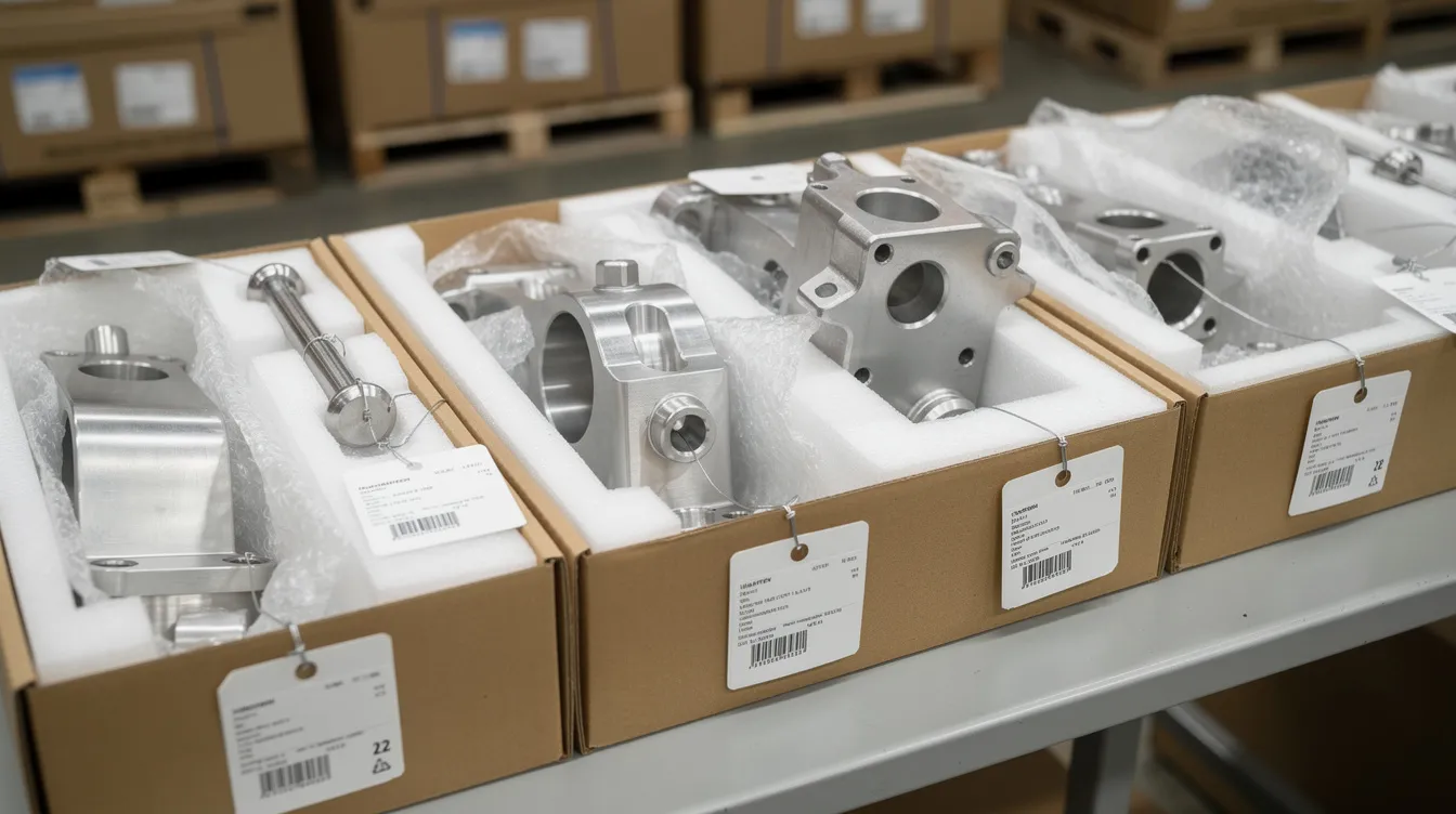 A row of finished aerospace metal components, including brackets and housings, is neatly packed for shipment, with inspection tags attached to ensure quality assurance. These components reflect high-quality standards and compliance with AS9100 certification for the aerospace and defense industries.