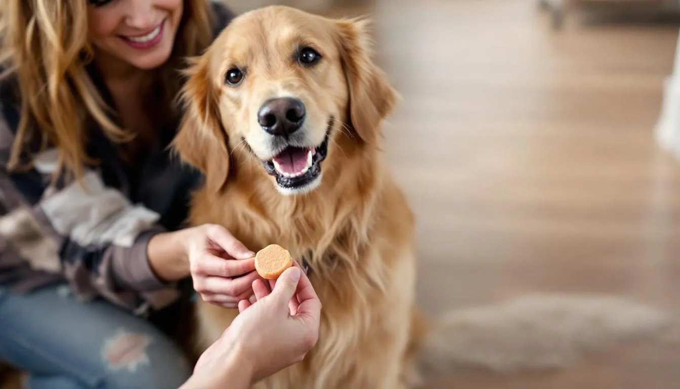 A dog eagerly receives a joint supplement chew treat from its owner, promoting joint health and supporting joint mobility. The treat is designed to help ease joint stiffness and discomfort, ensuring the dog