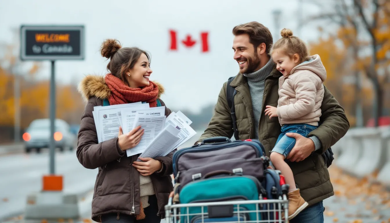 A family returning to Canada with travel documents.