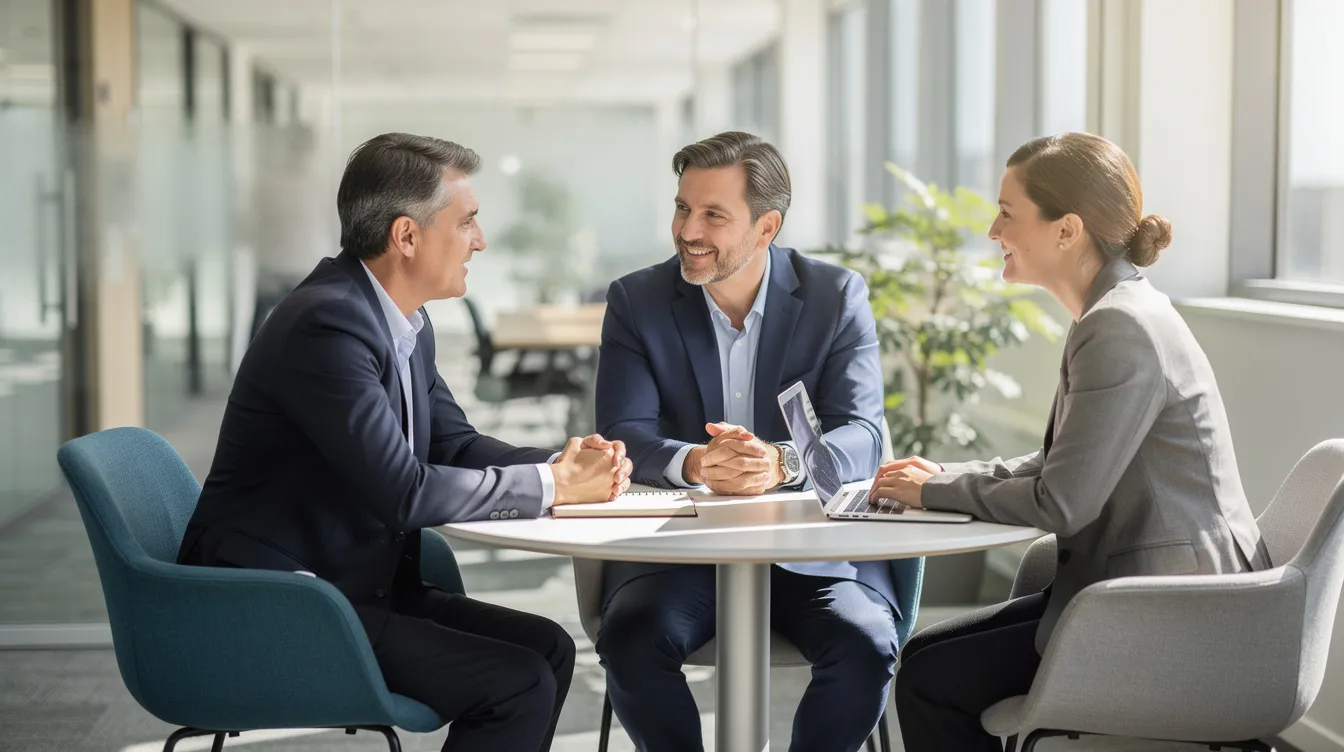 A manager is engaged in a supportive one-on-one conversation with a team member in a bright, private meeting room, fostering a mentally healthy workplace by addressing employee well-being and mental health challenges. This interaction emphasizes the importance of creating a safe space for open dialogue and support in the workplace.