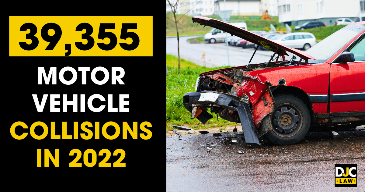  An image of a vehicle collision with the text "39,355 motor vehicle collisions in 2022," emphasizing key road safety statistics.