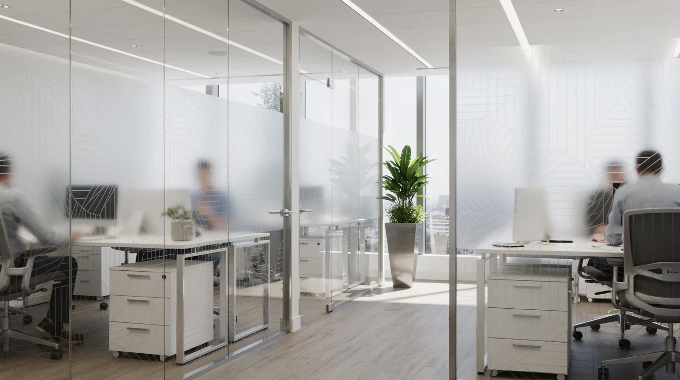 A modern office space featuring decorative frosted window film applied to glass partitions.