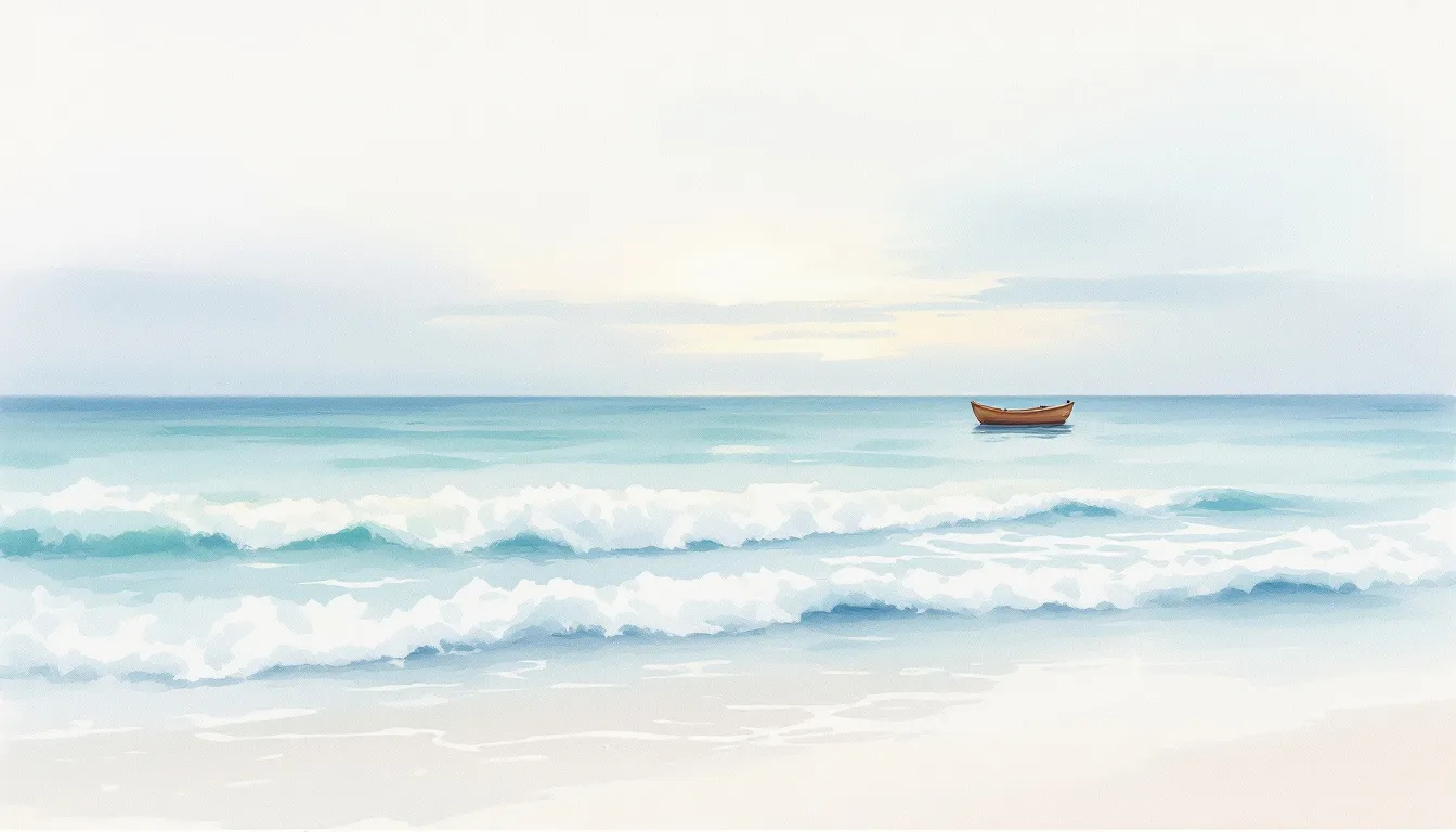 Zitate über das Meer, umgeben von Wellen und einem Boot im Hintergrund.