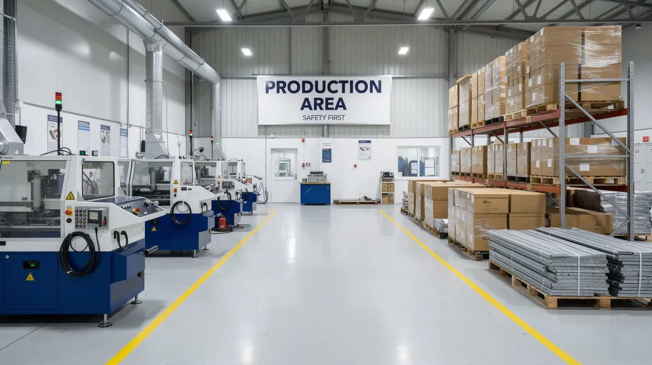 The image depicts a clean and organized small factory interior featuring various machines and a visible signboard, with raw materials neatly stacked, showcasing a professional environment conducive to micro enterprises engaged in manufacturing. This setting reflects the potential for successful business operations, which aligns with the objectives of the mudra loan scheme aimed at supporting eligible borrowers in India.