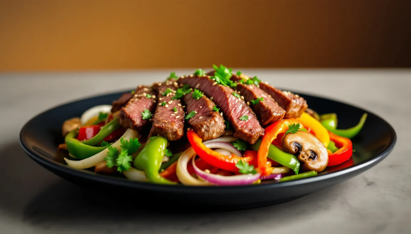 A colorful keto pepper steak stir fry with vibrant vegetables.