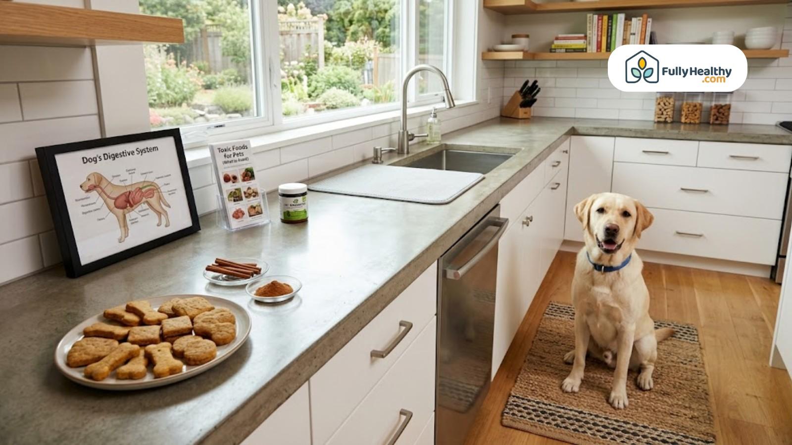 Fresh dog biscuits on counter with labrador beside digestive chart