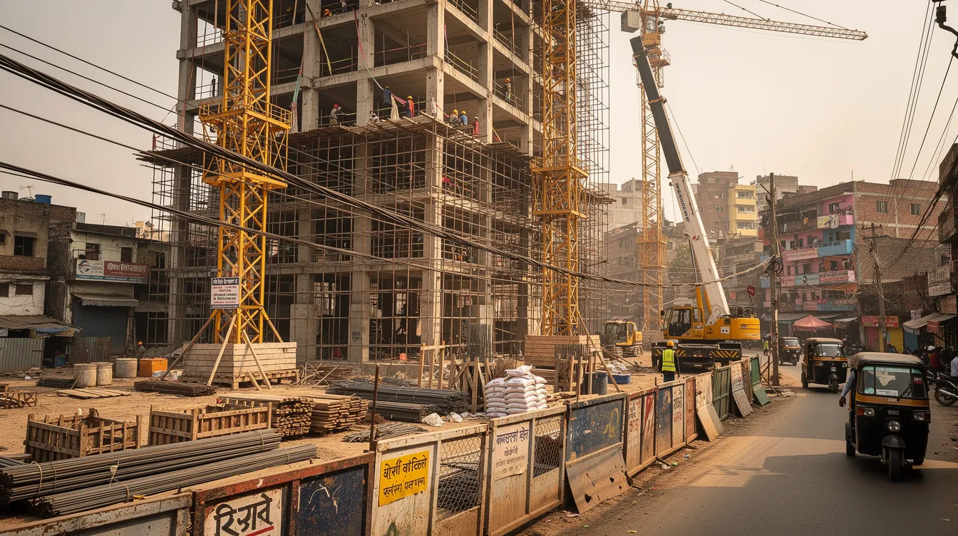 The image depicts a large construction site in an urban Indian setting, showcasing cranes and scaffolding as workers prepare to build a multi-specialty hospital. This facility aims to enhance the healthcare infrastructure in the Indian healthcare delivery system, focusing on comprehensive cancer care and providing basic healthcare facilities to the growing population.