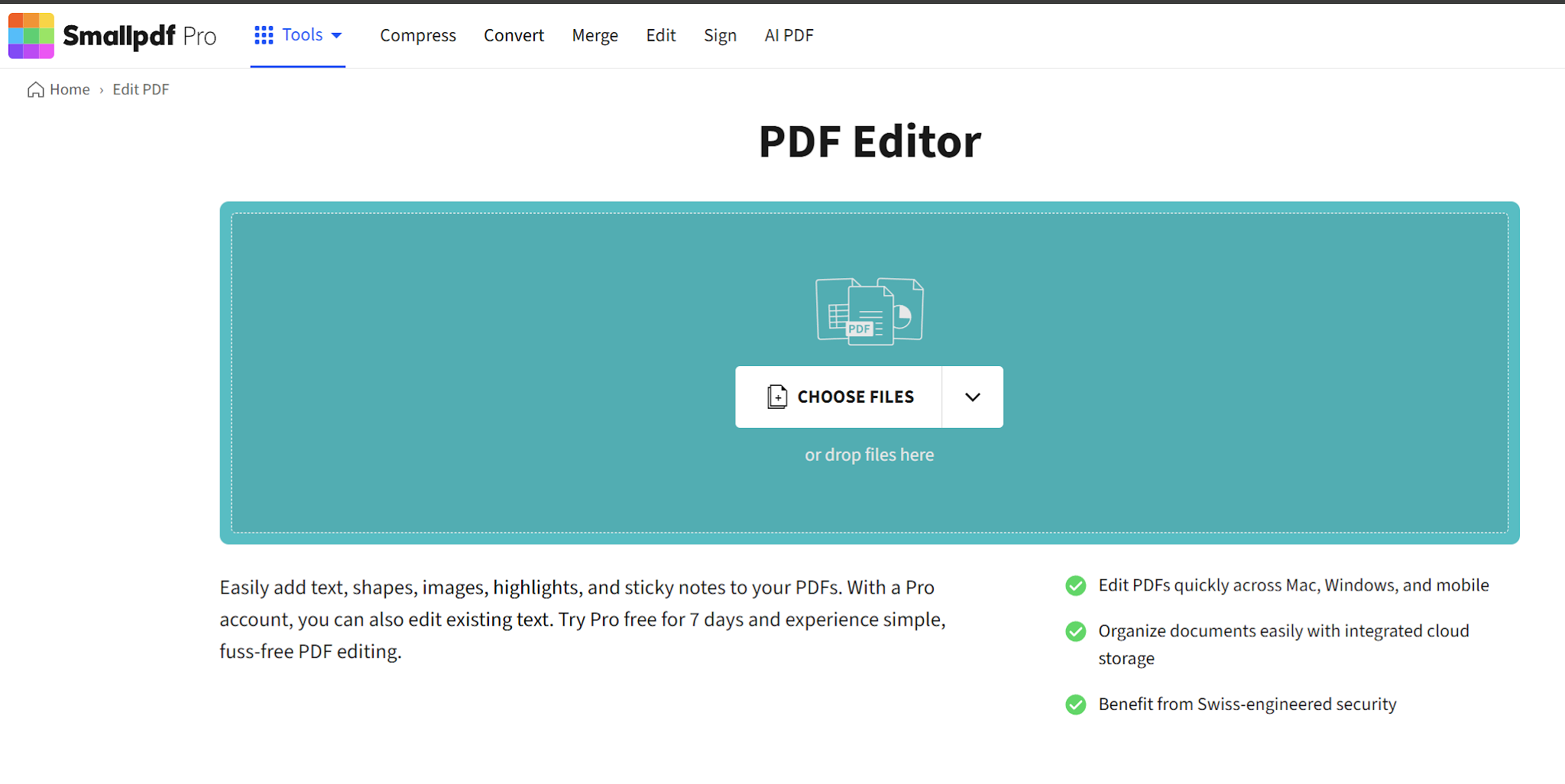 Smallpdf's landing page screenshot with a file upload area and options to edit and manage PDFs online.
