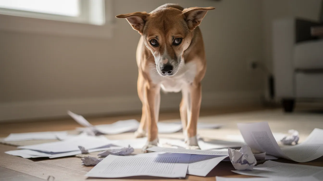 A dog with its ears back and head lowered displays a classic apologetic body language, surrounded by scattered papers, as if realizing it has caused a mess and is trying to convey calmness and submission to its owner. This pup's facial expressions and posture tell a story of tactical deception, as it hopes to avoid any reprimand from its humans.