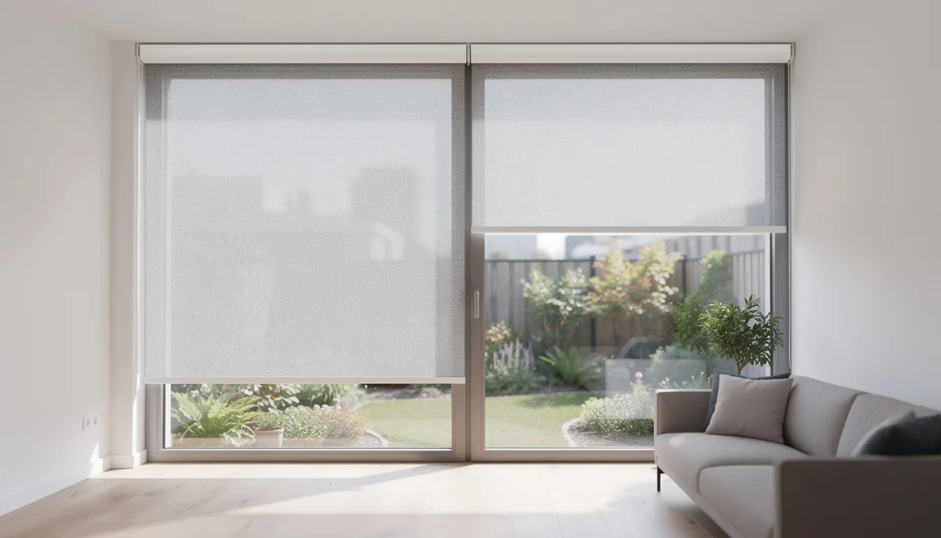 De afbeelding toont stijlvolle rolgordijnen met een screen doek, perfect voor het reguleren van de hoeveelheid lichtinval in elke ruimte. Deze raamdecoratie biedt zowel functionaliteit als een luxe uitstraling, ideaal voor een moderne woonkamer of slaapkamer.