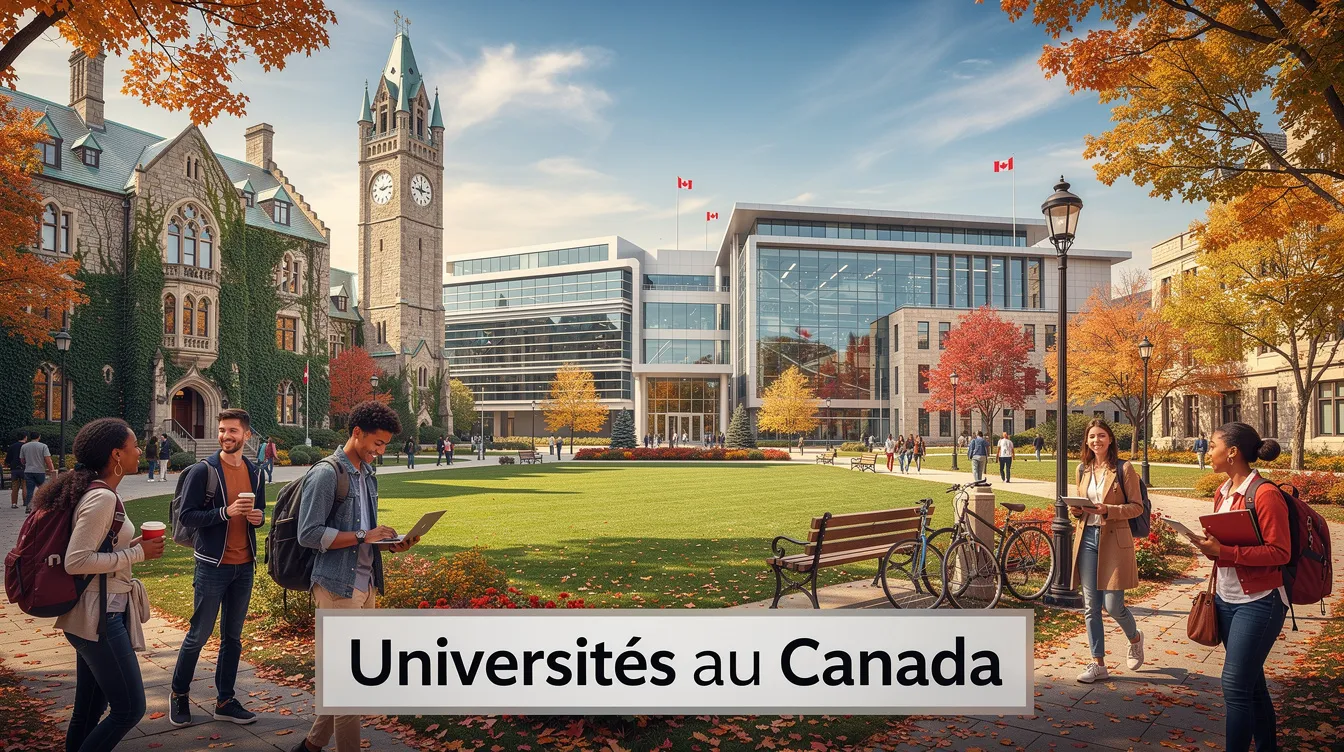 L'image montre des étudiants sur un campus universitaire au Canada, avec des bâtiments modernes et des espaces verts. Ces universités, qui attirent des résidents permanents et des étrangers, offrent des programmes variés pour répondre aux besoins académiques des étudiants.