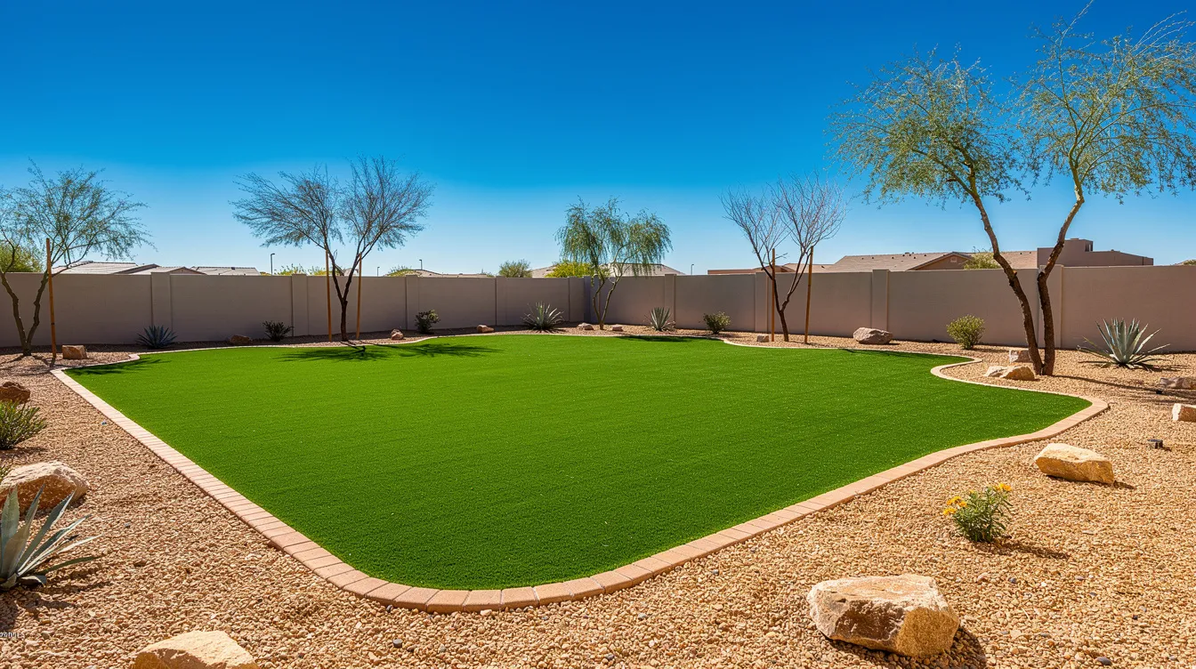 The image depicts a vibrant backyard featuring lush green artificial grass, surrounded by desert landscaping with gravel borders and a few native trees, all set under a clear blue sky. This sustainable landscaping choice showcases the beauty and durability of synthetic turf, creating an inviting outdoor space.