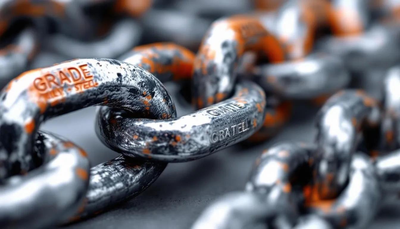 A close-up view of alloy steel chain links reveals clear grade markings and a protective coating, highlighting their durability and suitability for heavy duty lifting applications. The image emphasizes the chain's abrasion resistance and working load limit, essential for safe overhead lifting operations.