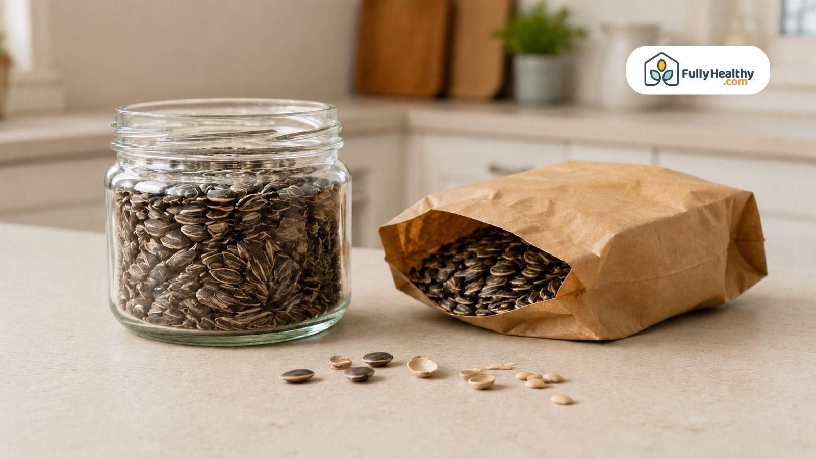 Sunflower seeds stored in glass jar and open paper packet.