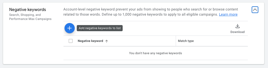 Editing the list of account-level negative keywords in Google Ads.