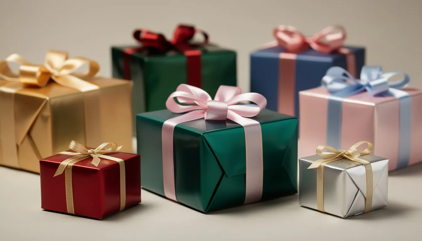 En bild av vackert inslagna presentaskar med färgglada band, som skapar en festlig atmosfär perfekt för att fira en födelsedag. Dessa presenter kan vara en del av gratulationerna till vänner som firar sin speciella dag.