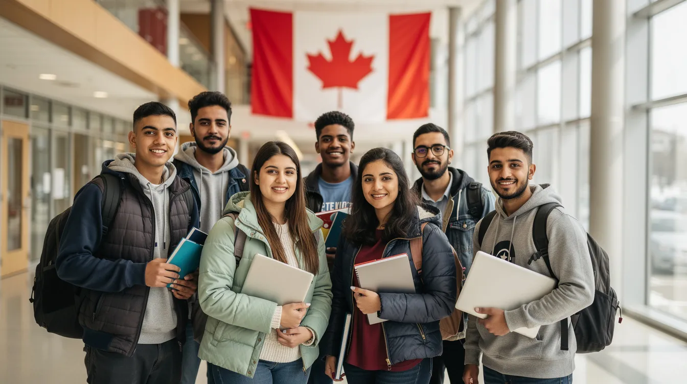 Des étudiants tunisiens se rassemblent sur un campus universitaire canadien, avec en arrière-plan le drapeau du Canada. Cette scène illustre la diversité de la communauté internationale dans l'enseignement supérieur, mettant en avant les opportunités d'étudier à l'étranger, notamment en Hongrie et en Europe centrale.