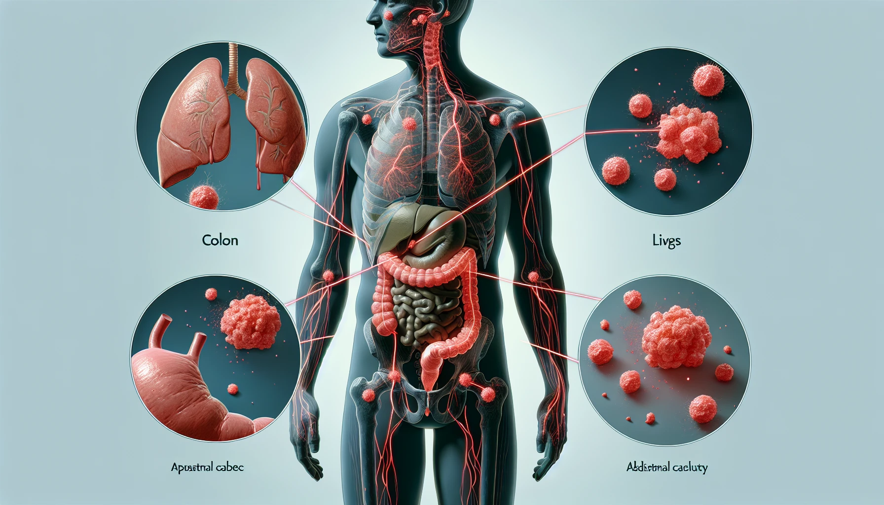 Illustration of cancer cells metastasizing to different parts of the body
